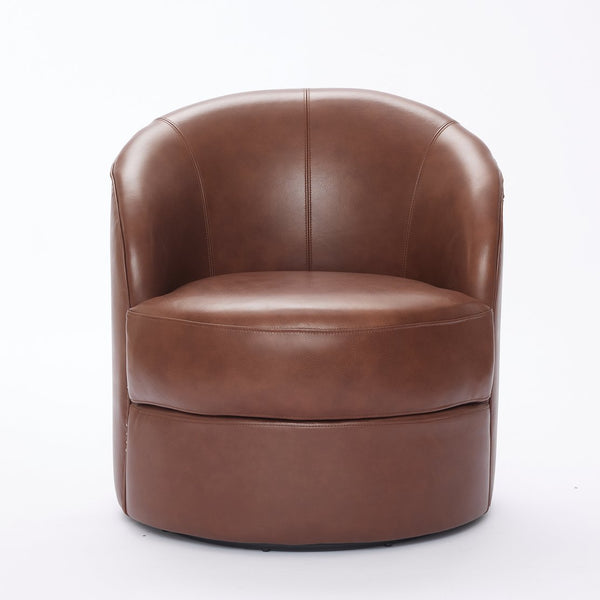English Elm Brown Top-Grain Leather Swivel Accent Chair with 360° Silent Spin, Riveted Mid-Century Lounge, Sturdy 150kg Base W570P386950