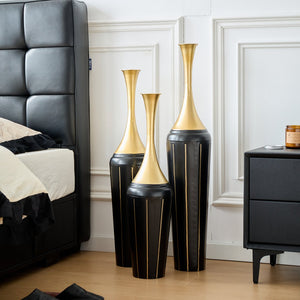 English Elm 3-piece Handcrafted Metal Floor Vase Set Matte Finish Architectural Trio for Entryway Black+Gold W2796P446204