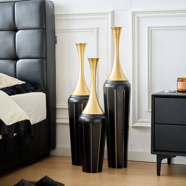 English Elm 3-piece Handcrafted Metal Floor Vase Set Matte Finish Architectural Trio for Entryway Black+Gold W2796P446204