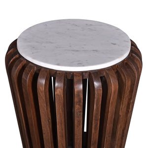 English Elm Modern Solid Wood Round End Table with White Marble Top, Acacia Slatted Base, Durable Elegant Decor B2741P286096