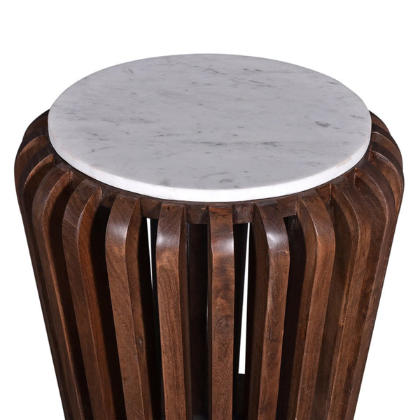 English Elm Modern Solid Wood Round End Table with White Marble Top, Acacia Slatted Base, Durable Elegant Decor B2741P286096