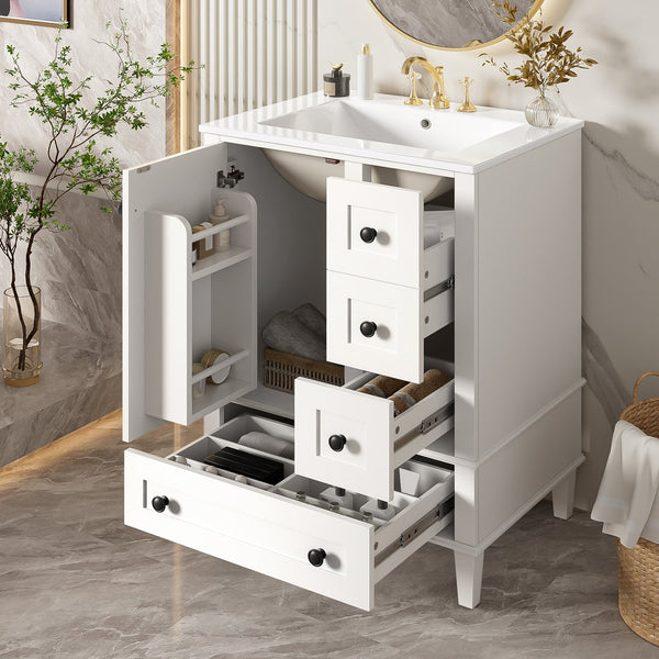English Elm 24-inch Matte Bathroom Vanity Rubberwood Cabinet with Ceramic Sink and Soft-close Drawers White N729P377516K