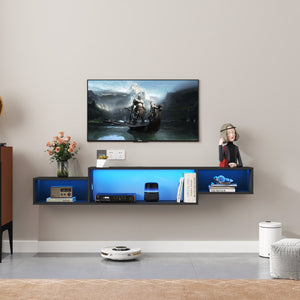 English Elm 65.35in Wall Mounted Floating TV Stand with 20 Color LEDs, Charging Station & Spacious Cable Management for Modern Entertainment Black W331P242458