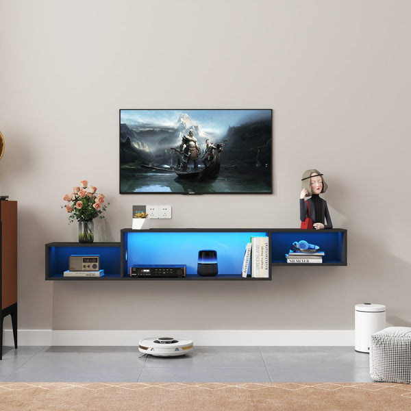 English Elm 65.35in Wall Mounted Floating TV Stand with 20 Color LEDs, Charging Station & Spacious Cable Management for Modern Entertainment Black W331P242458