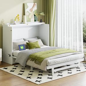 English Elm Full Size Murphy Bed Cabinet with Usb Charging Drawer and Rolling Base for Studios LP000597AAK