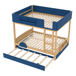 English Elm Queen Bunk Bed with Trundle Solid Pine Kids Car Themed Frame Built-in Bookshelf Blue,Natural W1580S00447