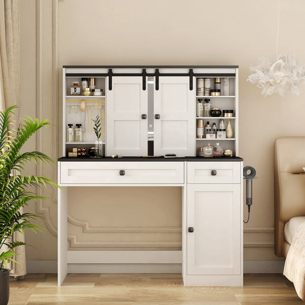 English Elm Farmhouse Vanity Table with Lighted Mirror Drawers and Hair Tool Storage for Bedroom W1321P423102