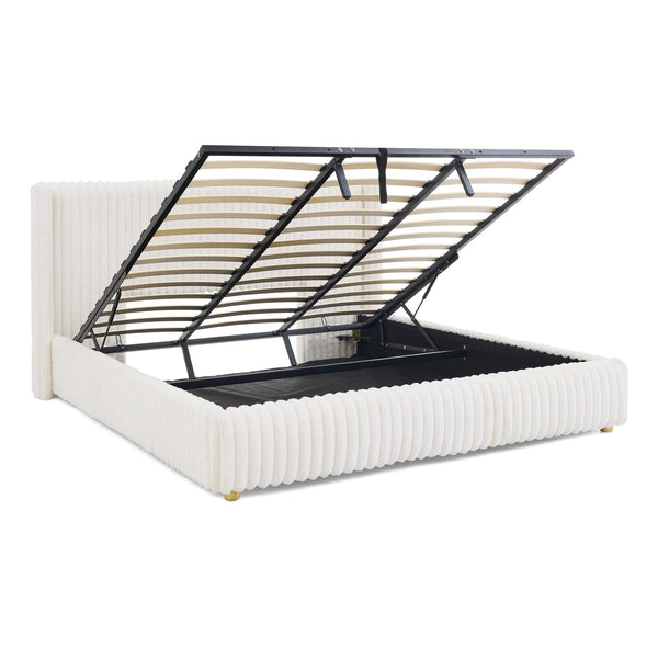 English Elm King Corduroy Upholstered Storage Bed Hydraulic Lift Ribbed Plush Cream Platform W1413S00182
