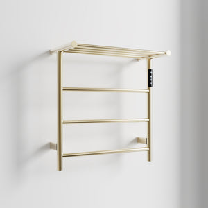 English Elm Heated Carbon-Fiber Towel Rack with Top Shelf and Timer, Rapid 3–7min Warmth, IPX4 Waterproof Brushed Gold T3177P305029
