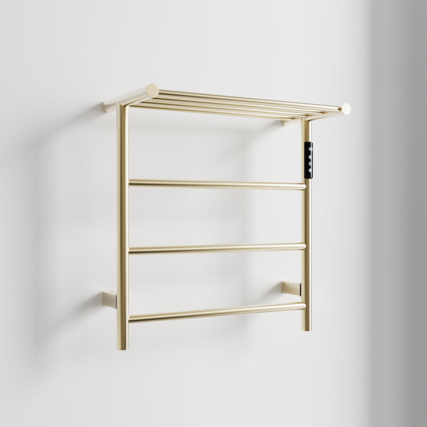 English Elm Heated Carbon-Fiber Towel Rack with Top Shelf and Timer, Rapid 3–7min Warmth, IPX4 Waterproof Brushed Gold T3177P305029