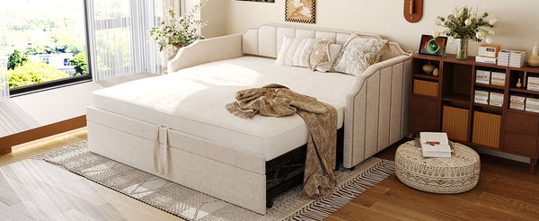 English Elm Twin Linen Upholstered Daybed with Pop up Trundle and Built in Usb Charging Beige SF000199AAA