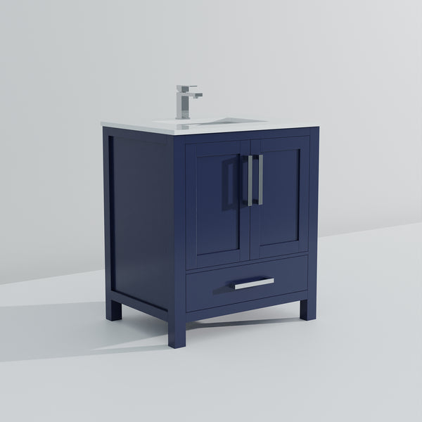 English Elm Navy 30" Bath Vanity with White Quartz Top, Soft-Close Drawer, Chrome Faucet & Spacious Storage B2731P259012
