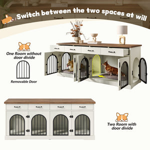 English Elm 70.8" Dual Dog Kennel Console Mdf Cabinet with Arched Iron Doors and Four Drawers N704G201616A