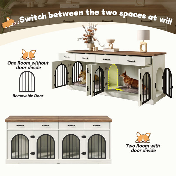 English Elm 70.8" Dual Dog Kennel Console Mdf Cabinet with Arched Iron Doors and Four Drawers N704G201616A