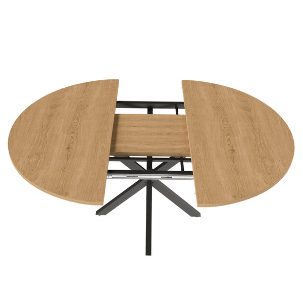 English Elm Extendable Round Oak Finish Dining Table Seats Six with Steel Base Modern Kitchen W2700P420811