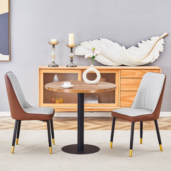 English Elm Table 3-Piece Set: Modern Dark Wood Grain Round Dining Table With 2 Spliced Pu Chairs For Elegance W1151S02483-GIGA