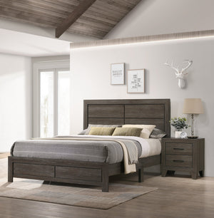 English Elm 1pc Queen Size Panel Bed Headboard with LED Lighting, Sleek Sloping Design and Built-In Shelves for Storage and Ambiance Brown,Gray 65.75 L x 28.35 W x 5.31 H B2741P333934