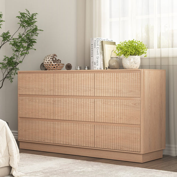 English Elm 9 Drawer Mid Century Wood Dresser Low Profile Matte Finish Bedroom Storage Cabinet Natural W409S00012