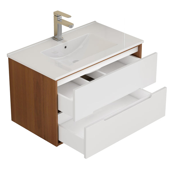 English Elm 32-Inch Wall-Mounted Bathroom Vanity With Sink Combo, Soft-Close Drawers, Modern Walnut Finish W3151S00049