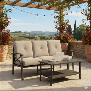 English Elm 2 Piece Outdoor Steel Sofa Set with Coffee Table Powder Coated for All Weather Patios Light Khaki+Beige B082P455152