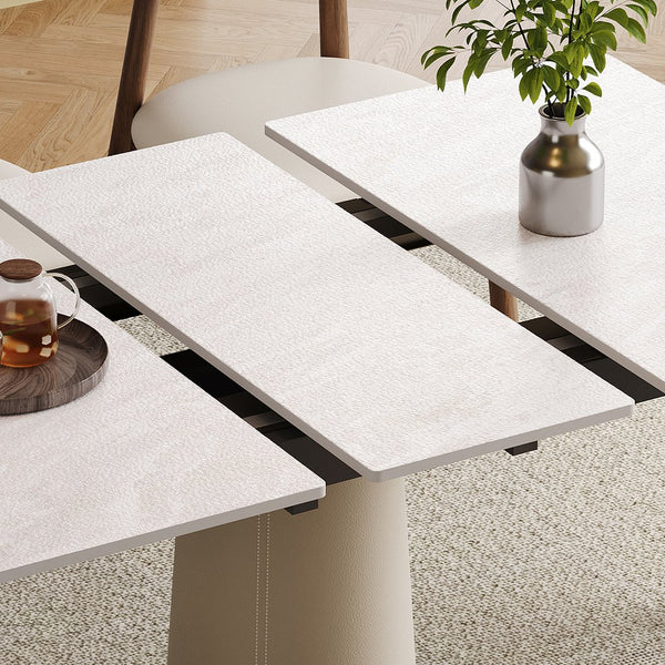 English Elm Retractable Rock Slab Dining Set with Leather Wrapped Base for Compact Apartments W2700S00104