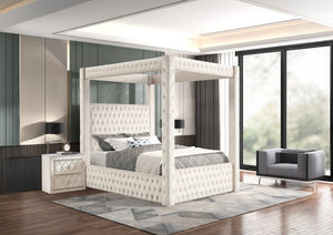 English Elm 1pc Majestic Canopy Four-Poster Queen Bed with Tufted Velvet Headboard & Footboard, Luxurious Statement Ivory 62 L x 45.25 W x 7 H B2741S00130