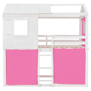 English Elm Twin Treehouse Bunk Bed Solid Pine Playhouse Frame with Cozy Canvas Tent Hideaway LT000379AAH-1