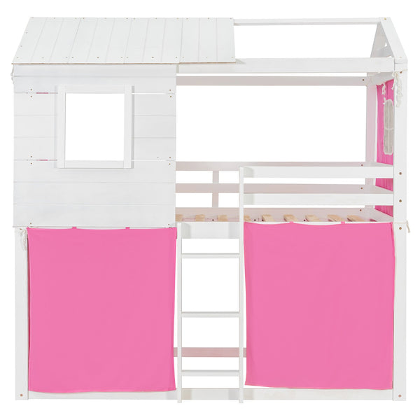 English Elm Twin Treehouse Bunk Bed Solid Pine Playhouse Frame with Cozy Canvas Tent Hideaway LT000379AAH-1