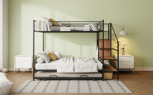 English Elm Twin Metal Bunk Bed with Trundle, Lateral Storage Ladder & Wardrobe | Space-Saving Durable Design Black SF000173AAB