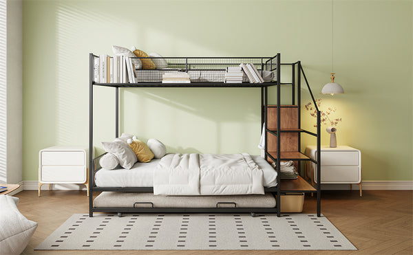 English Elm Twin Metal Bunk Bed with Trundle, Lateral Storage Ladder & Wardrobe | Space-Saving Durable Design Black SF000173AAB