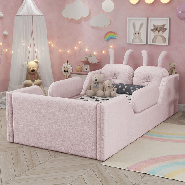 English Elm Twin Kids Platform Bed Teddy Fabric Upholstered with Bunny Cushions and Safety Rails Pink W2593P395807