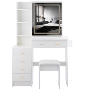 English Elm 37" Stylish Vanity Table Set With Cushioned Stool, Led Mirror, Usb Ports & Hair Dryer Stand - Perfect For Modern Bedrooms! W936P224319