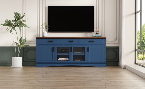 English Elm Christopher Knight Home® - Modern Blue TV Stand 67" with Walnut Top, Glass Door Center, 3 Drawers & Adjustable Shelves for Storage and Media Organization N779P296233B