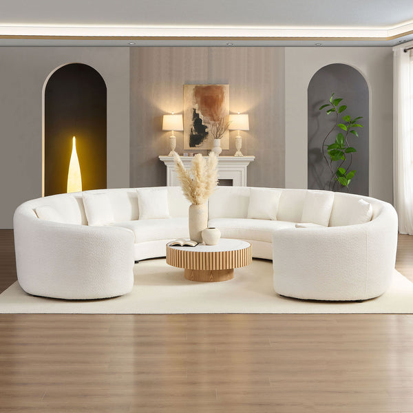 English Elm Mid-Century Bouclé Circle Sectional Sofa — Modular 3-4 Piece High-Back Beige Vintage-Inspired Lounge W3208S00011
