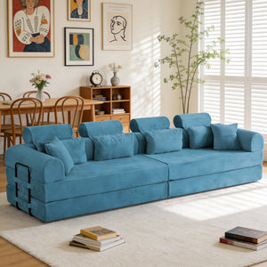 English Elm L Shaped Corduroy Sectional Sofa Converts to Sleeper Bed Space Saving Modular Couch Sky Blue W5532S00009