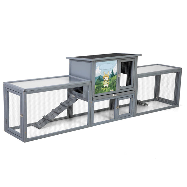 English Elm Large Two-story Outdoor Rabbit Hutch Pine Wood Weatherproof Dual Run Enclosure W2181P356097