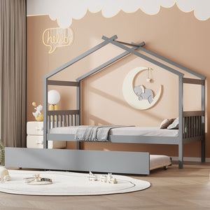 English Elm Twin House Bed Solid Pine Cottage Frame with Pull Out Trundle for Kids Bedroom Gray N708P309238E