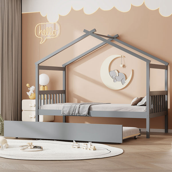 English Elm Twin House Bed Solid Pine Cottage Frame with Pull Out Trundle for Kids Bedroom Gray N708P309238E