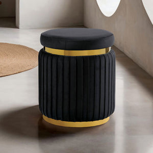 English Elm Black Round Velvet Accent Stool 15"W x 18"H — Pleated Contemporary Ottoman with Gold Trim Base, Plush Elegance B2741P388360
