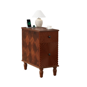 English Elm 2 Drawer Modern Sofa Side Table with Charging Station, Walnut Slim Nightstand with 2 AC/2 USB, 2 Drawers, Fully Assembled W2593P289143