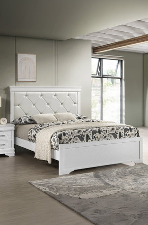 English Elm Modern Queen Panel Bed with Upholstered Diamond-Tufted Headboard, Sturdy Wood Frame, Chic Bedroom centerpiece White 46.86 L x 32.68 W x 4.53 H B011S01684