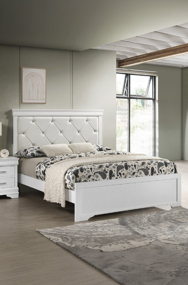 English Elm Modern Queen Panel Bed with Upholstered Diamond-Tufted Headboard, Sturdy Wood Frame, Chic Bedroom centerpiece White 46.86 L x 32.68 W x 4.53 H B011S01684