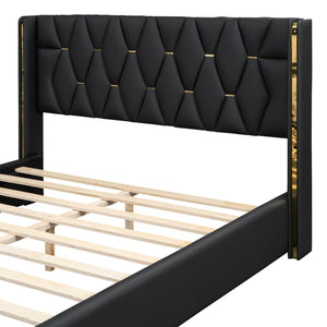English Elm Full Upholstered Platform Bed with PU Headboard and Metal Accent Strips, Sturdy Slats, Black 440lb Capacity SF000148AAB