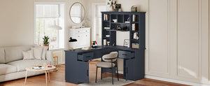 English Elm L-Shaped Corner Desk with 3 Cabinets, 2 Drawers & 11 Shelves, Built-In Power Outlet for Home Office Antique Blue W1580S00190