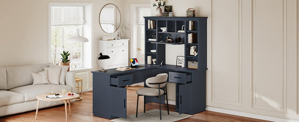 English Elm L-Shaped Corner Desk with 3 Cabinets, 2 Drawers & 11 Shelves, Built-In Power Outlet for Home Office Antique Blue W1580S00190