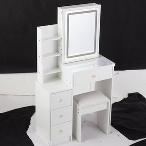 English Elm 29.2" Stylish Compact Vanity Table Set With Led Mirror, Usb Ports, Hair Dryer Bracket & Stool W936P226042