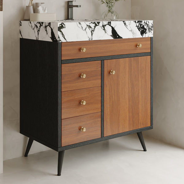English Elm 29.9" Floating Bathroom Vanity Sintered Stone Top Soft Close Drawers Bronze Gold Hardware Black,Gold,Walnut,White W3136S00044