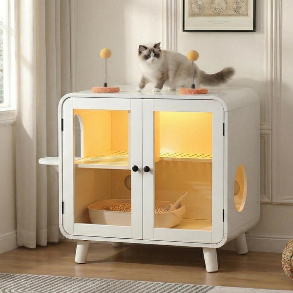 English Elm Cat Litter Box Enclosure Mdf Cabinet with Rgb Lighting Glass Doors and Play Loft White N704P419240K