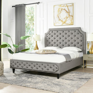 English Elm Helen Tall Upholstered Tufted Platform Bed Frame, Heathered Grey Linen