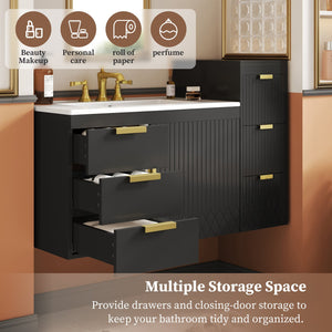 English Elm 30" Bathroom Vanity with Sink — Wall-Mounted Ceramic Basin, Soft-Close Storage, Floating Modern Design Black N710S324096B